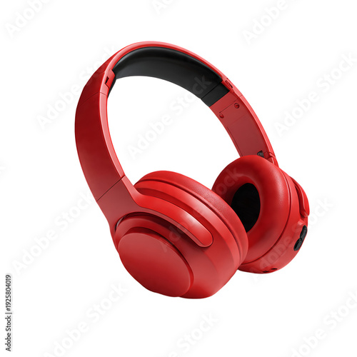 A pair of vibrant red headphones resting on a clean surface. The over-ear design features plush earcups and a padded headband. isolated on a transparent background