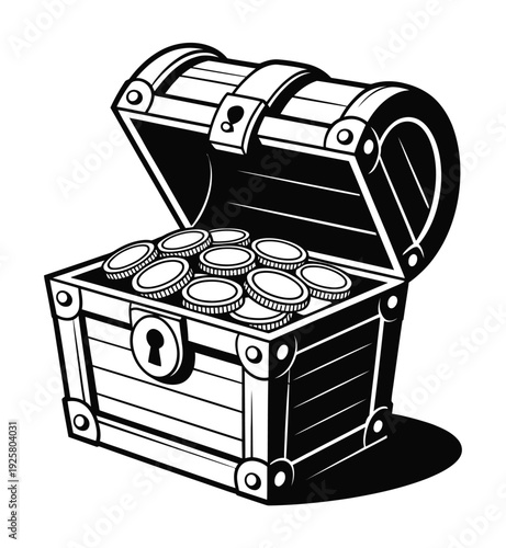 Treasure chest overflows with gold coins.