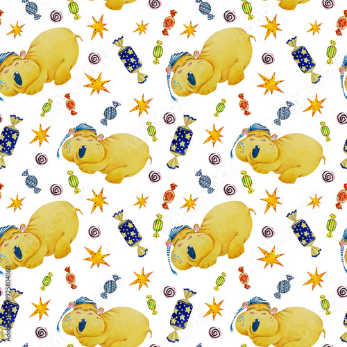 Pattern of Behemoths and Candy on white . Watercolor.
