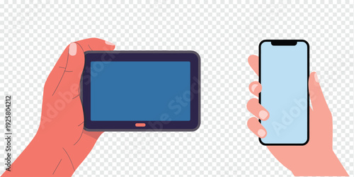Hands Holding Tablet and Smartphone Isolated on Transparent Background Modern Technology Concept