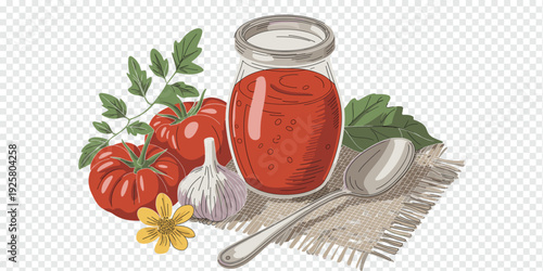 Homemade Tomato Sauce with Ingredients Isolated on Transparent Background Cooking Concept