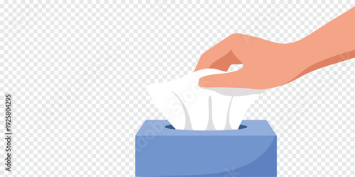 Hand Reaching for Tissue from Box Isolated on Transparent Background Hygiene Care Concept