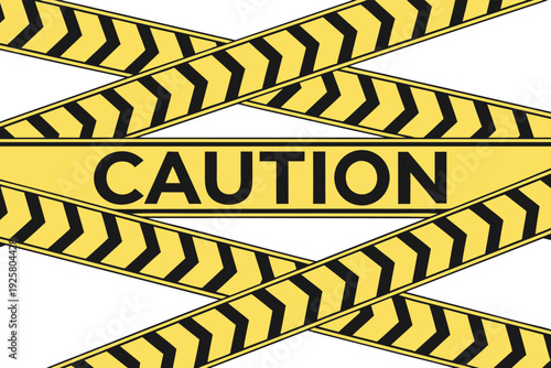 Crisscrossing yellow and black striped caution tape forms a warning barrier, prominently displaying 'CAUTION' on a central band, signaling danger and restricted access