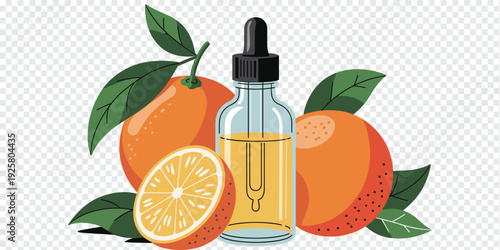 Essential Orange Oil with Fresh Oranges Isolated on Transparent Background Aromatherapy Concept