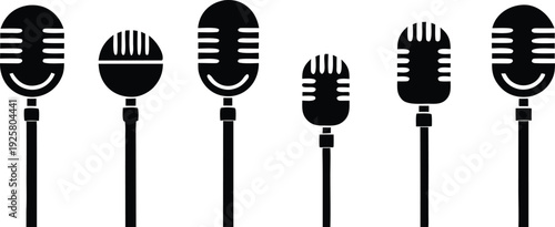 A Diverse Collection of Microphones on Stands in a Horizontal Lineup for Various Audio Needs