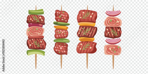 Grilled Meat Skewers with Vegetables Isolated on Transparent Background Barbecue Food Concept
