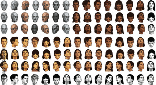Massive Collection of Human and Robot Head Portraits Looking in Various Directions from Different Angles Vector Illustration Set