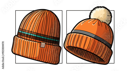 Cozy winter hats with pom poms and stripes in retro style