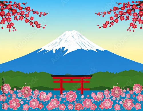 Serene landscape with Mount Fuji, blossoming flowers, and traditional red gate