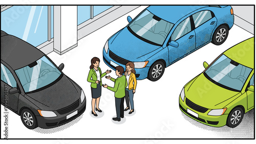 Auto dealership scene with people conversing amongst cars in showroom