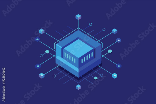 Futuristic digital illustration of a core server processing and distributing data within a complex network structure, representing cloud computing and advanced technology infrastructure