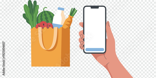 Hand Holding Smartphone with Grocery Bag Isolated on Transparent Background Online Grocery Concept