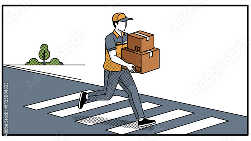 Courier delivering packages on crosswalk in pop art style with bold outlines