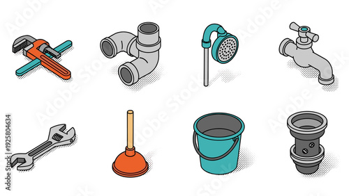 Isometric plumbing tools and equipment collection in modern flat design