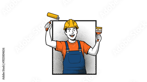 Cheerful painter in overalls holding roller and brush with safety helmet