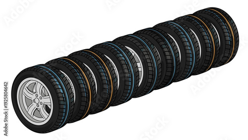 Isometric 3d car tires in a row with different treads and rims
