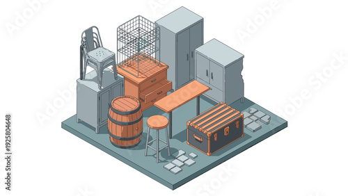 Modern isometric warehouse storage items and furniture arrangement