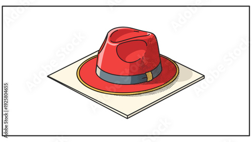 Retro red fedora hat with black band in pop art style on white background