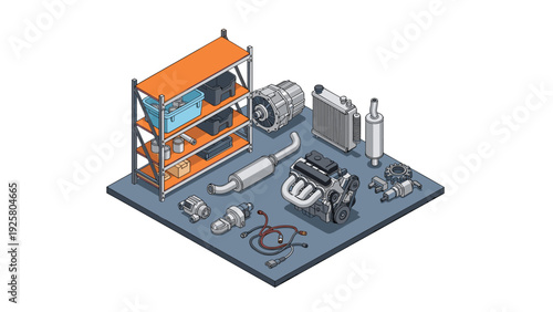 Isometric garage parts - engine, transmission, exhaust, and more on shelf