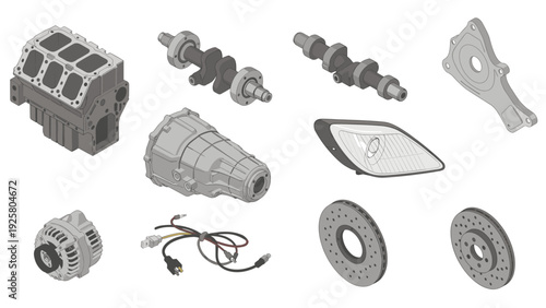 Engine parts and accessories in detailed isometric design for automotive projects