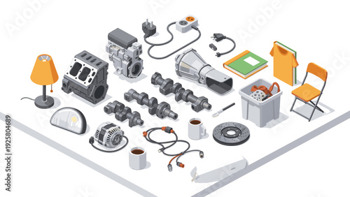 Auto workshop essentials isometric design with car parts, tools, and office items