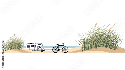 Coastal camping scene with camper van and bicycle by the beach