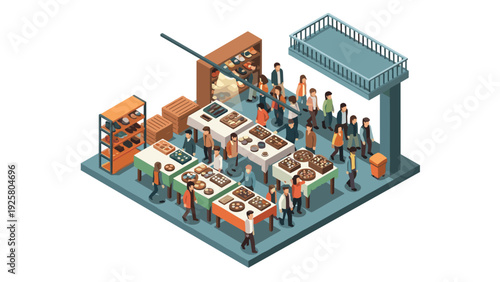 Isometric market scene with diverse shoppers and bakery stands
