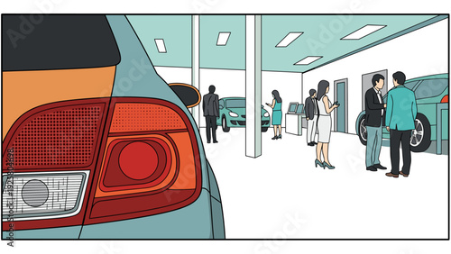 Busy urban car dealership scene with customers exploring cars indoors