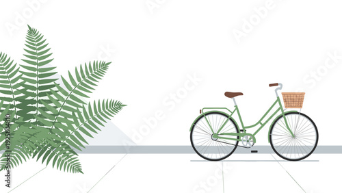 Minimalist green bicycle with basket and fern leaves on a white background