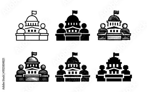 Government building with people icons representing democracy and public service