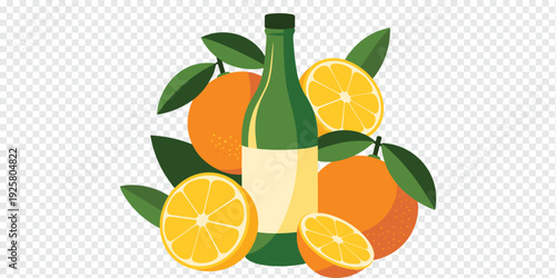 Fresh Citrus Fruits with Green Bottle Isolated on Transparent Background Healthy Drink Concept