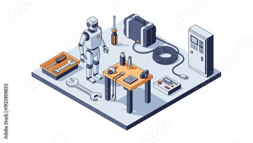 Robotics workshop with tools and equipment in isometric perspective