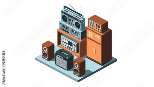 Retro audio systems collection in isometric style with vintage radios and speakers