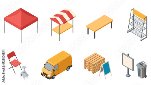 Outdoor market equipment icons set featuring isometric designs for various stalls and furniture