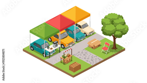 Colorful market scene with vintage cars and canopies in an isometric design