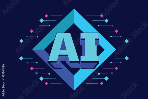 Futuristic Abstract Illustration Showcases AI With Geometric Patterns and Glowing Orbs on a Dark Blue Background