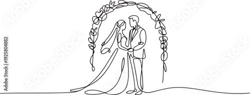 One continuous line drawing of wedding ceremony vector illustration. spouse bride complete with wedding costume design illustration simple linear style vector concept. one line art icon drawing vector
