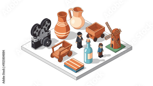 Isometric vintage objects collection with camera, characters, and windmill on display