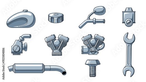 Motorcycle parts collection with engine, exhaust, and tools in cartoon style