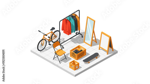 Isometric garage sale scene with clothes rack, mirror, bicycle, and skateboard