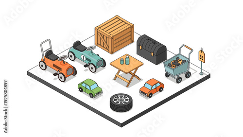 Isometric garage sale setup with vintage toys and tools
