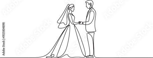 One continuous line drawing of wedding ceremony vector illustration. spouse bride complete with wedding costume design illustration simple linear style vector concept. one line art icon drawing vector