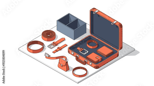 Isometric leather accessories collection: luggage, belts, bags, and wallets arrangement