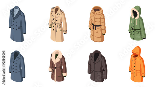 Isometric winter coats collection: diverse styles and colors for cold weather