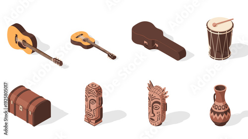 Isometric musical instruments and tribal artifacts collection