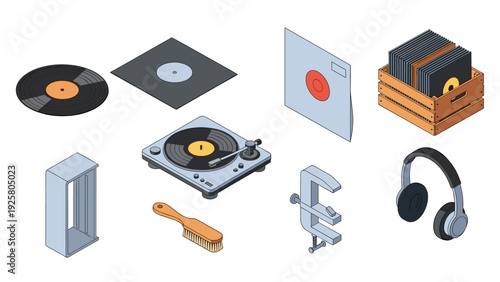 Isometric vinyl record collection with turntable and accessories