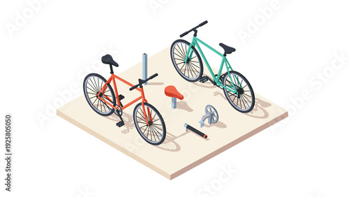 Isometric bicycle parking scene with two bikes and parts on platform