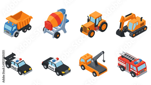 Colorful isometric construction and emergency vehicles collection for design projects