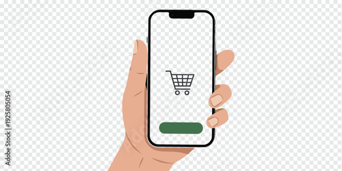Hand Holding Smartphone with Shopping Cart Isolated on Transparent Background Online Shopping Concept