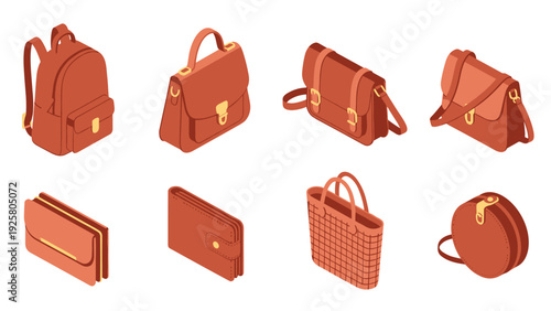 Trendy isometric bags and wallets collection in warm tones